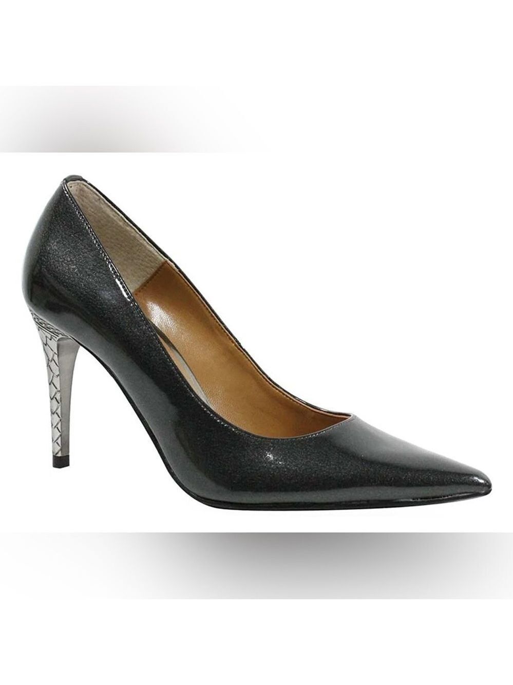 J. Renee’ Maressa Smoke Gray Patent Leather Ornate Heel Pointed Toe Pump - Sz 6